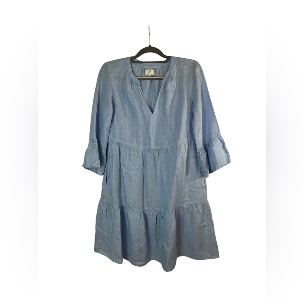 Mila‎ blue linen tiered dress made in USA lightweight bell sleeve xs oversized